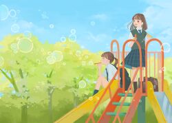 2girls :d aqua_necktie backpack bag black_socks blowing_bubbles blue_skirt blue_sky brown_hair bubble choppy_bangs collared_shirt commentary_request day grey_sweater_vest highres inoue_haruka_(haruharu210) ladder medium_hair multiple_girls necktie open_mouth original outdoors playground pleated_skirt ponytail school_bag school_uniform shirt sitting skirt sky slice_of_life slide smile socks standing sweater_vest tree white_shirt wing_collar 