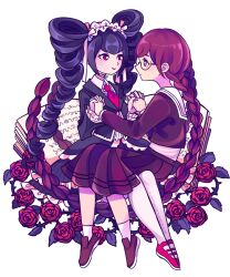  2girls absurdly_long_hair black_jacket black_necktie black_skirt book braid bright_pupils brown_shoes celestia_ludenberg closed_mouth cloudytian collared_shirt commentary danganronpa:_trigger_happy_havoc danganronpa_(series) drill_hair english_commentary eyelashes flower fukawa_toko glasses hair_ribbon highres holding_hands jacket long_hair long_sleeves looking_at_another multiple_girls necktie open_book purple_hair purple_serafuku purple_shirt purple_skirt red_eyes red_flower red_rose red_shoes ribbon rose sailor_collar school_uniform serafuku shirt shoes sidelocks sitting sitting_on_lap sitting_on_person skirt skirt_set smile transparent_background tumblr_username twin_braids twin_drills twintails very_long_hair violet_eyes web_address white_headdress white_pupils white_ribbon white_sailor_collar white_shirt white_shocks yuri 