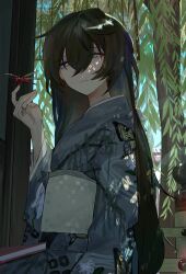  1girl animal_print black_hair book book_on_lap bug butterfly_print butterfly_print_kimono closed_mouth commentary_request crossed_bangs dragonfly expressionless foliage grey_eyes grey_kimono hair_between_eyes highres insect_on_finger japanese_clothes kimono long_hair long_sleeves looking_at_viewer nasunasunasuna obi original sash sitting solo string string_around_finger string_of_fate tree 