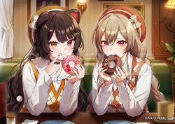  2girls :3 :t alternate_costume animal_ears argyle_clothes argyle_vest booth_seating braid brown_hair collared_shirt commentary_request copyright_notice cup dog_ears doughnut food food_on_face furen_e_lustario hat heterochromia holding holding_donut holding_food indoors inui_toko lamp long_hair long_sleeves looking_at_viewer multiple_girls nijisanji official_art orange_hat orange_vest photo_(object) red_eyes sample_watermark shinishi_chiho shirt smile twin_braids upper_body vest virtual_youtuber wallpaper_(object) watermark wavy_hair white_shirt yellow_eyes yellow_hat yellow_vest 