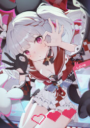  1girl absurdres bare_legs bare_shoulders black_choker black_gloves black_hat braid braided_sidelock breasts butterfly-shaped_pupils choker clothing_cutout club_(shape) cowboy_shot detached_sleeves diamond_(shape) diamond_facial_mark diamond_on_cheek double_ok_sign dress facial_mark frilled_dress frilled_skirt frills gloves hat hat_ornament heart heart_facial_mark heart_on_cheek heart_print highres honkai:_star_rail honkai_(series) long_hair long_sleeves looking_at_viewer mark_under_both_eyes mini_hat mini_top_hat multicolored_hair ok_sign open_mouth pink_eyes plaid_clothes plaid_sleeves poker rabbit_ear_headwear rabbit_hat_ornament red_hair shoulder_cutout single_glove sitting skirt solo sparkle_(honkai:_star_rail) sparxie_(honkai:_star_rail) streaked_hair symbol-shaped_pupils toki_(1243309499) top_hat twintails two-tone_hair very_long_hair white_hair 