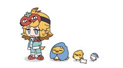  1girl absurdres alternate_costume aqua_pajamas bags_under_eyes blanket blonde_hair blue_eyes chibi closed_mouth commentary dokibird dragoon_(dokibird) english_commentary frown full_body highres indie_virtual_youtuber itsjustfrel medium_hair pajamas pillow pointy_ears red_slippers shadow sleep_mask slippers standing 