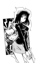  1boy 1girl artist_name breasts closed_mouth feet_out_of_frame fenyon greyscale highres large_breasts long_sleeves looking_at_viewer mazaki_anzu miniskirt monochrome open_mouth shirt short_hair skirt spiky_hair turtleneck turtleneck_shirt upper_body yami_yugi yu-gi-oh! yu-gi-oh!_duel_monsters 