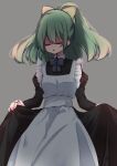  1girl alternate_costume apron bangs benia08 black_dress bow bowtie breasts closed_eyes commentary_request cookie_(touhou) cowboy_shot curtsey daiyousei diyusi_(cookie) dress enmaided green_hair grey_background grey_bow grey_bowtie hair_bow highres juliet_sleeves long_hair long_sleeves maid maid_apron open_mouth ponytail puffy_sleeves simple_background small_breasts solo touhou white_apron yellow_bow 