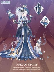  1girl absurdly_long_hair animal animal_on_head argyle_background aria_of_night_(miracle_nikki) artist_request baby_animal ball bare_shoulders black_choker black_lips black_mask black_sleeves blue_bow blue_bowtie blue_dress blue_gem blue_hat bow bowtie cat cat_on_head character_name chest_jewel choker close-up closed_mouth clothed_animal clown colorpoint_(pattern) copyright_logo detached_collar detached_sleeves diamond_(shape) diamond_print dress drill_hair english_text expressionless eyelashes facepaint facial_tattoo full_body fur-trimmed_headwear fur_trim gem grey_eyes hand_on_headwear hat hat_feather holding holding_staff instrument juggling_club kitten light_particles light_smile lipstick logo long_dress long_hair long_sidelocks makeup mask mask_on_head masquerade_mask miracle_nikki music musical_staff nikki_(series) official_art on_head playing_instrument ponytail print_headwear red_background siamese_cat sidelocks solo staff standing striped_clothes striped_dress tattoo teardrop_tattoo third-party_source two-tone_collar vertical-striped_choker vertical-striped_clothes vertical-striped_dress very_long_hair white_choker white_hair 