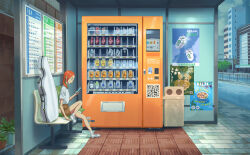  1girl brown_shorts cellphone commentary day from_side full_body guitar_case hand_up highres holding holding_phone ideun instrument_case leg_up looking_at_phone medium_hair on_bench orange_hair original outdoors phone poster_(object) profile qr_code scenery shirt shoes short_shorts short_sleeves shorts sign sitting smartphone sneakers socks solo trash_can urban vending_machine white_shirt white_shoes white_socks 