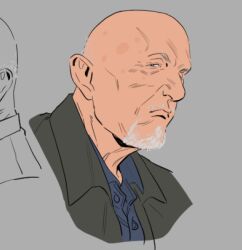  bald beard black_jacket blue_shirt breaking_bad closed_mouth collared_shirt facial_hair grey_background grey_hair jacket male_focus mature_male mike_ehrmantraut mustache old old_man portrait shirt solo upper_body utm_alt wrinkled_skin 