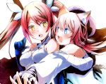  2girls :o absurdres animal_ears blue_eyes blue_gloves blush breasts cat_ears cat_girl chika_(chickencurry_v) commission dress effiez_(vtuber) english_commentary floating_hair gloves highres hug hug_from_behind indie_virtual_youtuber long_hair looking_back medium_breasts multiple_girls nina_saotome off_shoulder open_mouth orange_eyes second-party_source skeb_commission smile surprised sweater twintails virtual_youtuber white_dress white_sweater 