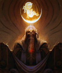  1boy artificial_eye child commentary emperor_of_mankind english_commentary floating glowing glowing_hair glowing_halo gold_halo gold_theme halo highres laurel_crown laurels long_hair mechanical_eye sitting skeleton solo star_child thefearmaster tube warhammer_40k 