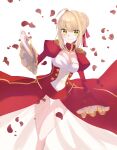 1girl ahoge blonde_hair blurry braid breasts cleavage commentary_request corset dress epaulettes fate/extra fate/grand_order fate_(series) flower french_braid green_eyes hair_flower hair_intakes hair_ornament hair_ribbon highres juliet_sleeves large_breasts long_sleeves looking_at_viewer nero_claudius_(fate) nero_claudius_(fate)_(all) ocean petals puffy_sleeves red_dress red_ribbon ribbon saber_extra see-through short_hair smile solo wide_sleeves