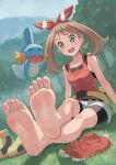  1girl barefoot bike_shorts bike_shorts_under_shorts blue_eyes blush botan_m bow_hairband bracelet brown_hair crossed_ankles fanny_pack feet foot_focus green_bag hairband highres jewelry looking_at_viewer may_(pokemon) medium_hair mudkip no_shoes pokemon pokemon_(game) pokemon_oras red_hairband red_shirt shirt shoes shoes_removed short_shorts shorts sleeveless sleeveless_shirt smile socks_removed soles solo toes white_shorts yellow_footwear 