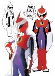  1boy armor assault_visor bodysuit boots full_body hand_on_own_hip helmet highres legs_together long_hair male_focus mega_man_(series) mega_man_battle_network_(series) multiple_views netnavi noro_zt protoman.exe red_armor red_boots red_helmet simple_background sitting very_long_hair white_background white_hair 