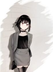  alternate_costume arms_behind_back bag belt_buckle black_bag black_choker black_hair black_shirt black_thighhighs blush brick_wall buckle choker closed_mouth collarbone feet_out_of_frame grey_background grey_skirt grey_suit head_tilt highres holding holding_bag kono_subarashii_sekai_ni_shukufuku_wo! laptop_bag long_sleeves looking_to_the_side megumin meguminimalist office_lady pencil_skirt red_eyes shirt short_hair sidelocks skirt standing suit thigh-highs zettai_ryouiki 