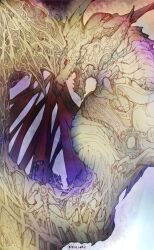  axe bahamut_(final_fantasy) battle_axe commentary crystal dragon final_fantasy final_fantasy_xiv gun mage_staff monster monster_focus no_humans rapier red_eyes ruka_(blueplus84) shield staff sword twitter_username weapon western_dragon 