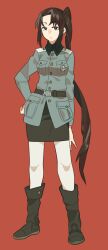  1girl alternate_costume black_boots black_skirt boots breast_pocket breasts brown_eyes brown_hair closed_mouth commentary cross emu_(eomou) full_body iron_cross jacket kantai_collection knee_boots long_hair long_sleeves looking_at_viewer military military_uniform nachi_(kancolle) pantyhose pencil_skirt pocket red_background side_ponytail simple_background skirt solo standing white_pantyhose 