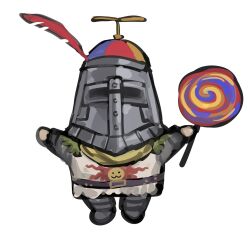  1boy armor arms_up belt belt_buckle buckle candy commentary commission dark_souls_(series) dark_souls_i english_commentary food full_body greaves hanny_(uirusu_chan) hat helm helmet highres holding holding_candy holding_food knight lollipop male_focus outstretched_arms plume propeller_hat scarf simple_background solaire_of_astora solo standing swirl_lollipop tabard white_background yellow_scarf 