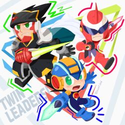  3boys arm_blade armor assault_visor black_coat black_hair black_helmet blue_bodysuit blue_helmet bodysuit buysell_bird cape chibi chibi_only coat colonel.exe_(mega_man) energy_blade energy_sword english_text green_eyes helmet highres long_hair male_focus mega_man_(series) mega_man_battle_network_(series) mega_man_battle_network_5 megaman.exe multiple_boys netnavi open_mouth protoman.exe red_armor red_helmet short_hair spiky_hair sword twitter_username weapon white_hair 