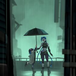  2girls aqua_background arcane:_league_of_legends avyc02 bandaid bare_shoulders blue_hair boots braid building cape detached_sleeves goggles goggles_on_head hat highres isha_(arcane) jinx_(league_of_legends) league_of_legends long_hair multiple_girls navel pants pink_eyes rain tattoo torn umbrella 