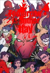  abraxas aged_up bat_signal batman batman_(series) batman_symbol belt black_bodysuit black_hair bodysuit brown_jacket chinese_commentary commentary_request dc_comics domino_mask eye_mask gloves grey_bodysuit jacket jason_todd kris_(weapon) male_focus mask multicolored_bodysuit multiple_boys multiple_persona muscular muscular_male open_clothes pants red_hood_(dc) red_hood_and_the_outlaws red_mask robin_(dc) short_hair superhero_costume taut_bodysuit two-tone_bodysuit utility_belt 