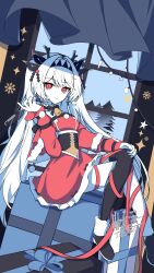  1girl absurdres alternate_costume antlers asymmetrical_legwear bell black_headband black_thighhighs bow bowtie box cape capelet choker christmas closed_mouth coat colored_skin cup deer_antlers dress drinking_glass fake_antlers frilled_choker frills fur-trimmed_cape fur-trimmed_coat fur-trimmed_dress fur-trimmed_jacket fur-trimmed_shoes fur-trimmed_sleeves fur_trim gift gift_box hair_ribbon hairband hand_on_own_knee hand_up headband highres horns incredibly_absurdres jacket kiritapon_(ihoke_) leaning_back lilith_(the_noexistencen_of_you_and_me) long_hair looking_at_viewer mismatched_legwear neck_bell neck_ribbon pale_skin red_capelet red_coat red_dress red_eyes red_ribbon red_sleeves ribbon santa_costume santa_dress shirt sitting sitting_on_gift_box skirt smile solo the_noexistencen_of_you_and_me thigh-highs tree twintails very_long_hair white_hair white_skin window wine_glass winter winter_clothes winter_coat wrist_cuffs 