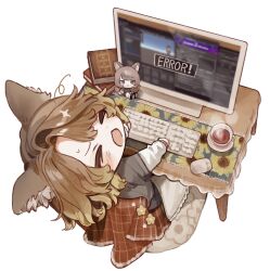  1girl animal_ear_fluff animal_ears blush book brown_hair closed_eyes commentary computer_keyboard computer_mouse cup error_message fox_ears fox_girl frustrated full_body hashtag-only_commentary highres marycia_(vrchat) monitor open_mouth parted_bangs saucer short_hair simple_background sitting solo table tea teacup vrchat white_background zunzunnu_2 