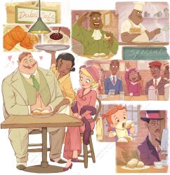  6+boys 6+girls absurdres black_hair blonde_hair blush buford_(the_princess_and_the_frog) cafe chalkboard character_request charlotte_la_bouff child closed_eyes coffee commentary_request cup d74335631 dark-skinned_female dark-skinned_male dark_skin dr._facilier dress eating eli_la_bouff everyone facial_hair flower food georgia_(the_princess_and_the_frog) hair_bun hand_up hat hat_flower highres indoors lamp lips mug multiple_boys multiple_girls mustache official_style pancake pink_dress pink_hat plate shirt short_hair single_hair_bun smile table the_princess_and_the_frog_(disney) tiana_(the_princess_and_the_frog) toddler toon_(style) top_hat very_dark_skin waitress yellow_shirt 