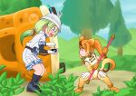  2girls :d animal_ears bagua_zhang bangs belt belt_pouch blonde_hair blue_eyes brown_hair cable camouflage_trim chibi circlet closed_mouth day dragon_ball dragon_ball_(classic) elbow_gloves from_side full_body glasses gloves golden_snub-nosed_monkey_(kemono_friends) green_hair ground_vehicle hat_feather height_difference helmet holding holding_weapon jacket japari_bus kemono_friends layered_sleeves leaning_forward legs_apart legs_together leotard light_green_hair long_hair long_sleeves looking_at_another looking_at_object mirai_(kemono_friends) monkey_ears monkey_girl monkey_tail multicolored_hair multiple_girls open_mouth orange_hair outdoors parody pith_helmet polearm pouch safari_jacket shoes short_over_long_sleeves short_sleeves shorts smile socks standing tail thigh-highs two-tone_hair v-shaped_eyebrows weapon 