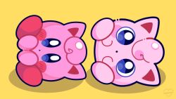  blue_eyes blush_stickers commentary company_connection cosplay creature creature_focus crossover english_commentary jigglypuff jigglypuff_(cosplay) kirby kirby_(series) look-alike looking_at_viewer marikyuunn no_humans photo-referenced pokemon pokemon_(creature) simple_background super_smash_bros. thick_lineart yellow_background 