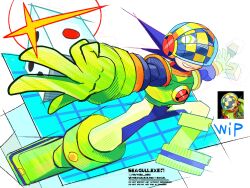  1boy absurdres armor black_hair bluesky_username bodysuit boots buysell_bird dice double_soul_(mega_man) full_body green_armor head-mounted_display helmet highres male_focus mega_man_(series) mega_man_battle_network_(series) megaman.exe netnavi numberman.exe short_hair smile solo twitter_username unfinished 