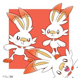  1other animal_ears animal_feet animal_hands animal_nose artist_name bandaid bandaid_on_face bandaid_on_nose blush body_fur border buck_teeth closed_mouth commentary full_body furry happy j.jama legs_apart looking_afar looking_at_viewer multiple_views open_mouth orange_eyes other_focus outline outside_border pokemon pokemon_(creature) rabbit_ears rabbit_tail red_background red_fur scorbunny short_tail signature simple_background smile standing tail teeth twitter_username two-tone_fur white_border white_fur 