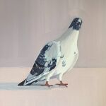  bird english_commentary feathered_wings feathers highres leah_gardner looking_at_viewer multicolored_feathers no_humans original painting_(medium) pigeon simple_background traditional_media white_background wings 