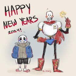  1:1 2024 2boys 2d armor artist_name black_shorts blue_jacket blue_shorts brothers brown_sweater cape digital_media duo english_text fireworks full_body gloves grey_hood grin hand_on_own_hip hands_in_pockets happy_new_year height_difference highres holding holding_fireworks hood hood_down hooded_jacket humanoid jacket male monster monster_boy multiple_boys new_year open_clothes open_jacket papyrus_(undertale) pink_slippers red_cape red_gloves sans_(undertale) sel_mesanity shorts siblings side-by-side simple_background single_vertical_stripe skeleton sketch slippers smile sparkler standing straight-on striped_shorts sweater teeth text undead undertale uneven_eyes utdr_(toby_fox) vertical-striped_clothes vertical-striped_shorts white_armor white_stripes yellow_background |_| 
