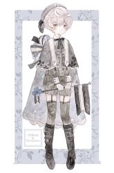  1girl aoyagi874 back_bow banner beret blush bob_cut boots border bow buttons cape capelet commentary_request cross english_text flag floral_border floral_print full_body garter_straps gloves grey_eyes hair_ribbon hat highres holding holding_flag lace_trim large_ribbon long_sleeves looking_at_viewer muted_color necktie original own_hands_together painting_(medium) ribbon solo standing straight-on thigh-highs traditional_media watercolor_(medium) white_background 
