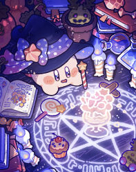  big_zombon blush_stickers book bow candle candy commentary_request cupcake drooling food halloween harukui hat hat_bow highres invincible_candy kirby kirby_(series) lollipop mouth_drool no_humans open_book open_mouth pentagram purple_bow smile swirl_lollipop violet_eyes witch_hat 