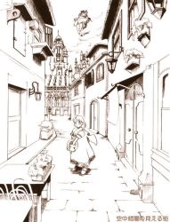  1girl angel_wings arcade_(architecture) arch arched_window architecture archived_source awning bad_link balcony brick_floor building cathedral chair church closed_mouth clouds crosshatching dormer double_doors european_architecture expressionless fingerless_gloves flats floating_island flying_buttress full_body gloves hatching_(texture) hirai_yukio holding holding_tray legs_apart linear_hatching looking_at_viewer medium_hair monochrome open_window_shutter original outdoors plant potted_plant puffy_short_sleeves puffy_sleeves railing robe scenery shoes short_sleeves sky sleeve_cuffs solo spire stairs standing steeple table translation_request tray wall_lamp window window_shutter wings 