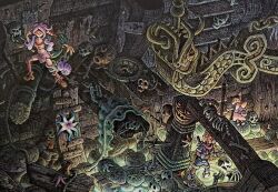  1boy 2girls corpse cropped feena_(grandia) grandia grandia_i green_hair hair_ornament hat highres justin_(grandia) koichi_noda long_hair low-tied_long_hair midriff multiple_girls official_art open_mouth pirate polearm puui_(grandia) shield ship skeleton skirt skull spear starfish sue_(grandia) sword sword_on_back thigh-highs water watercraft weapon weapon_on_back wide_sleeves 