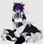  1boy absurdres alternate_costume apron bangs black_legwear colored_sclera colored_skin crossdressing embarrassed eridan_ampora fingernails glasses grey_skin head_fins highres holding homestuck horns iina934 looking_at_viewer maid maid_apron maid_headdress messy_hair nail_polish open_mouth purple_nails ribbon short_hair simple_background sitting thigh-highs violet_eyes white_apron white_background yellow_sclera 
