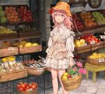  1girl :d apple apron banana bangs basket bell_pepper blue_eyes bottle brown_apron bucket_hat commentary day dress english_commentary feet_out_of_frame flower food frilled_sleeves frills fruit hair_between_eyes hat highres holding holding_basket lace-trimmed_dress lace_trim lemon lettuce looking_at_viewer market medium_hair orange_(fruit) orange_headwear original outdoors pavement pepper pink_flower pink_hair plaid_headwear smile solo standing tomato white_dress wine_bottle yutsumoe 