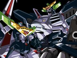  absurdres armor assault_visor black_background blue_eyes clenched_hand closed_eyes commentary finger_cannon gattai gem gradient_background highres j-der kds_(0049) king_j-der looking_at_viewer looking_down mecha mecha_focus open_mouth red_background red_gem robot science_fiction super_robot weapon yuusha_ou_gaogaigar yuusha_series 