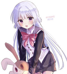  1girl :3 :d black_jacket black_skirt blunt_bangs blush bow bowtie character_name closed_mouth collared_shirt commentary_request copyright_name cowboy_shot hatsuyuki_sakura highres huge_bow jacket leaning_forward long_hair long_sleeves looking_at_viewer miniskirt open_clothes open_jacket open_mouth pink_bow pink_bowtie pleated_skirt red_eyes retugo_asa school_uniform shirt sidelocks simple_background skirt smile solo stuffed_animal stuffed_rabbit stuffed_toy tamaki_sakura very_long_hair white_background white_hair white_shirt 