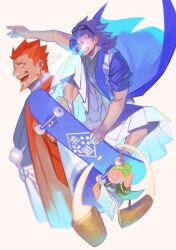  2bro. 3boys absurdres anija_(2bro.) beard blue_hair commentary_request eye_beam eyewear_on_head facial_hair food green_hair hakama highres japanese_clothes kine male_focus mallet mochi multiple_boys open_mouth orange_hair otoja_(2bro.) otsuichi_(2bro.) saida_(ohda_ooda) skateboarding translation_request white_hakama 