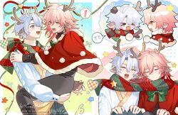  ! >_< 2boys absurdres animal_ears antenna_hair antlers arm_tattoo beiwoshiwowo black_pants blonde_hair blue_eyes blush braid broken_horn carrying carrying_person chest_tattoo chinese_commentary closed_eyes commentary_request deer_antlers deer_boy deer_ears facial_tattoo gradient_hair green_scarf highres honkai:_star_rail honkai_(series) horns male_focus medium_hair multicolored_hair multiple_boys mydei_(honkai:_star_rail) pants parted_bangs phainon_(honkai:_star_rail) red_hair red_scarf red_sweater red_tattoo scarf shared_clothes shared_scarf short_hair side_braid spoken_exclamation_mark striped_clothes striped_scarf sweater tattoo two-tone_scarf white_hair white_sweater yellow_eyes 