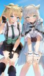  2girls absurdres animal_ears avatar_(ff14) bangs black_gloves blonde_hair blue_eyes blush breasts cat_ears cat_tail cloak commentary facial_mark final_fantasy final_fantasy_xiv fingerless_gloves gloves green_eyes grey_hair highres leaning_forward long_hair medium_breasts miqo&#039;te multiple_girls necktie pleated_skirt ponytail short_sleeves skirt slit_pupils suspenders tail whisker_markings wrist_cuffs yana_mori 