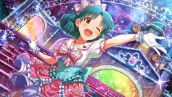  1girl ;d blush bow commentary_request concert dress dress_bow fireworks frilled_dress frills game_cg gloves green_hair hair_bow heart heart_necklace idolmaster idolmaster_million_live! idolmaster_million_live!_theater_days jewelry multicolored_dress necklace official_alternate_costume official_art one_eye_closed open_mouth orange_eyes outstretched_arm pink_bow short_hair short_sleeves smile solo stage_lights standing third-party_source tokugawa_matsuri white_gloves 