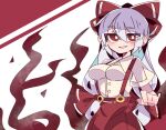  1girl baggy_pants bangs blush bow breasts buttons collared_shirt cowboy_shot fujiwara_no_mokou grey_hair grin hair_between_eyes hair_bow long_hair looking_at_viewer pants r.h_no.1_fuyumomo red_bow red_eyes red_pants shirt sleeve_garter smile solo suspenders touhou white_background white_shirt 