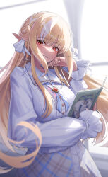  1girl alternate_costume blonde_hair book bow closed_mouth collared_dress dark-skinned_female dark_elf dark_skin dress elf frilled_sleeves frills hair_bow highres holding holding_book hololive indoors long_hair looking_at_viewer mintea_(minteashake) multicolored_hair pointy_ears red_eyes shiranui_flare smile solo streaked_hair very_long_hair virtual_youtuber white_bow white_dress white_streaks 