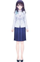  1girl amagai_tarou aqua_bow ascot black_shoes blue_skirt bow full_body hair_between_eyes highres hololive jacket kazeshiro_yuki lapels legs light_blush long_hair long_sleeves looking_at_viewer medium_skirt notched_lapels official_art pleated_skirt purple_hair second-party_source shoes skirt solo standing straight-on suit suit_jacket tachi-e transparent_background violet_eyes virtual_youtuber white_ascot white_suit 