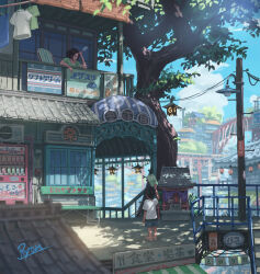  1boy 1girl absurdres arm_up awning bench black_hair blue_shorts bridge building clouds commentary dappled_sunlight day food green_shirt hanging_lantern highres holding holding_food holding_popsicle house laundry looking_at_another open_mouth original outdoors popsicle power_lines railing ryon40716441 sandals scenery shade shirt shorts sign signature stairs standing storefront summer sunlight talking tree utility_pole vending_machine white_shirt wide_shot window 