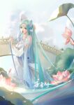  1girl absurdres blue_eyes blue_hair blue_sky bridge clouds douluo_dalu dress flower hair_rings highres long_hair lotus mouth_hold ribbon ribbon_in_mouth ripples sky solo tang_wutong_(douluo_dalu) tang_wutong_tongren_she upper_body water white_dress 