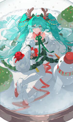  1girl absurdres antlers apple bare_shoulders bow christmas closed_mouth commentary detached_sleeves double-parted_bangs dress english_commentary food fruit full_body fur-trimmed_shoes gloves green_bow green_eyes green_hair green_ribbon hair_between_eyes hair_bow hatsune_miku highres holding holding_food holding_fruit horns kazenemuri leg_ribbon long_hair long_sleeves looking_at_viewer neck_ribbon pantyhose plaid_bow red_gloves red_ribbon red_shoes reindeer_antlers ribbon shoes sitting smile snowing snowman solo strapless strapless_dress twintails very_long_hair vocaloid white_pantyhose white_sleeves wide_sleeves 